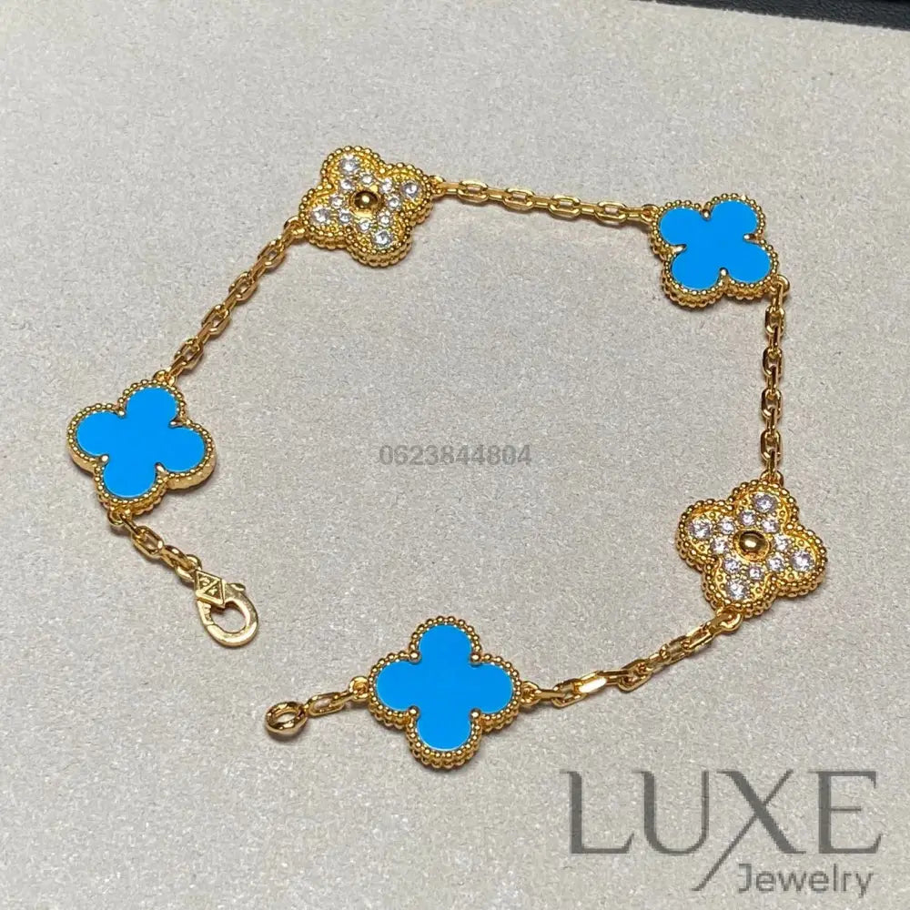CLOVER 5 MOTIF BLUE CHALCEDONY DIAMOND GOLD BRACELET Bracelets