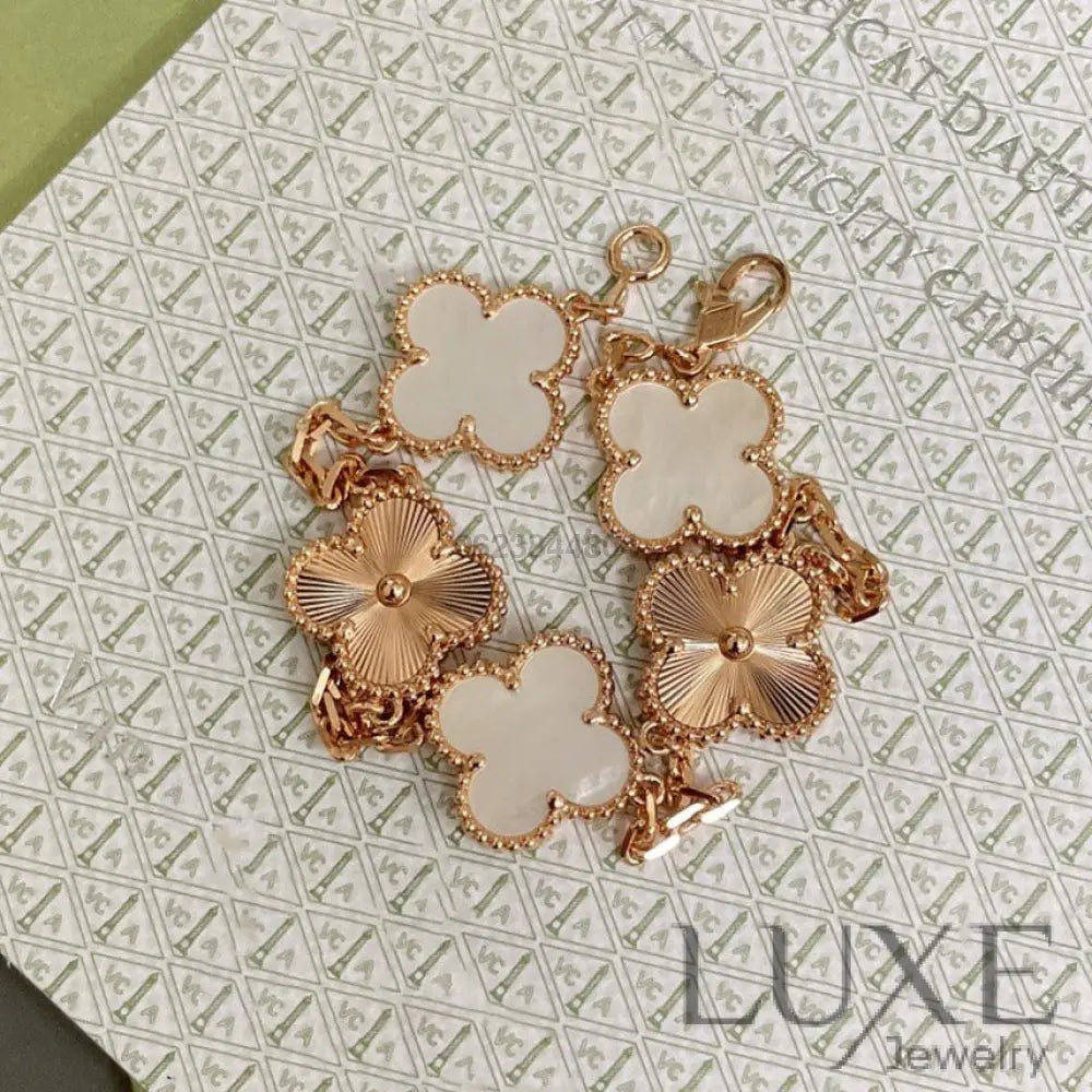 CLOVER BRACELET 5 MOTIF WHITE MOP PINK GOLD Pink Gold Bracelets