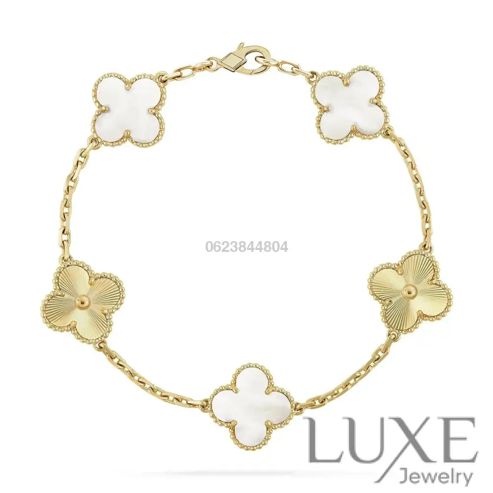 CLOVER BRACELET 5 MOTIF WHITE MOP PINK GOLD Pink Gold Bracelets