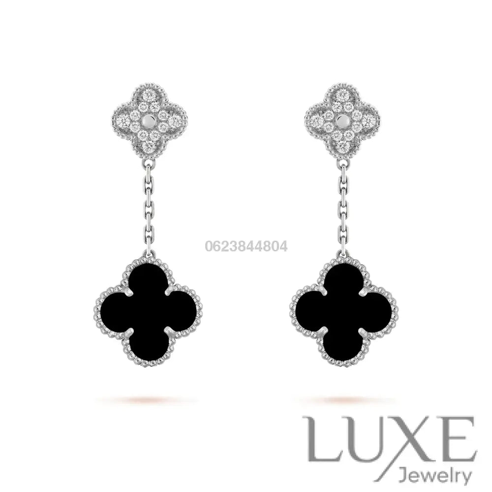 [Owatch™]CLOVER 2 MOTIFS DIAMOND ONYX EARRINGS SILVER Earrings