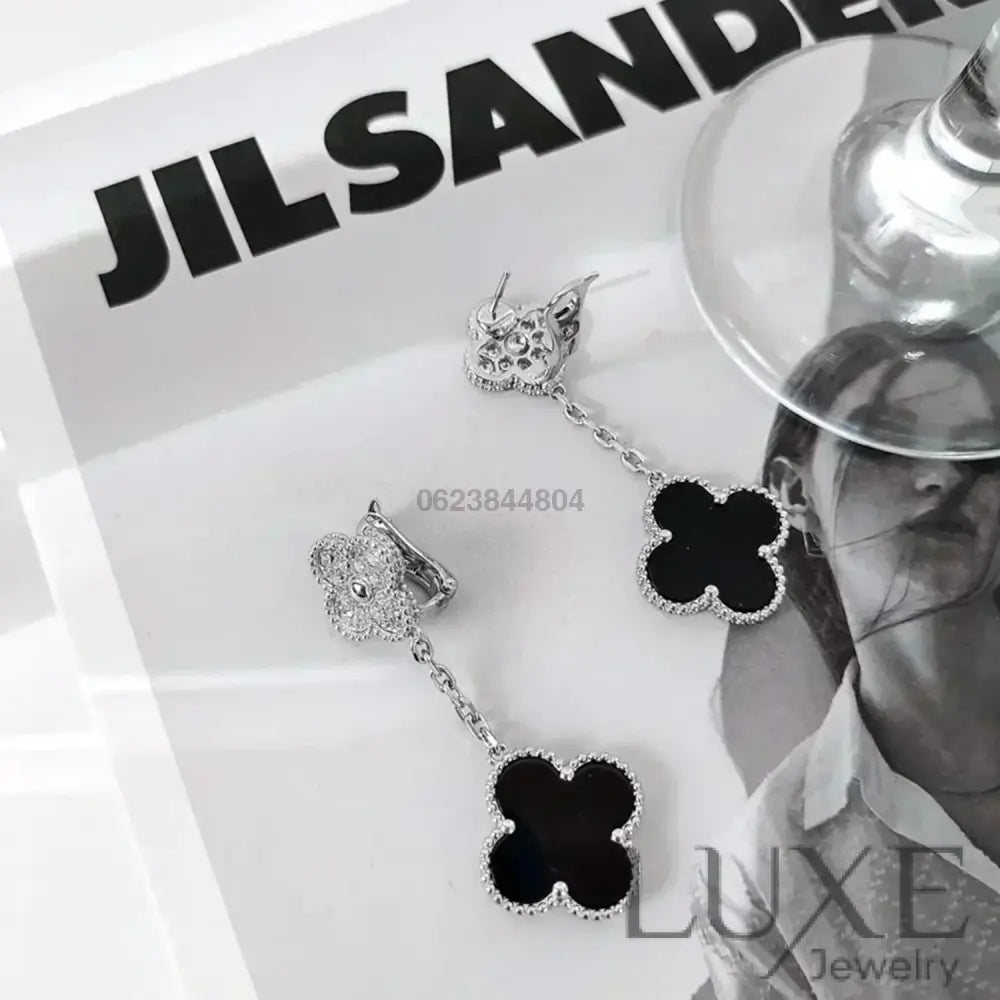 [Owatch™]CLOVER 2 MOTIFS DIAMOND ONYX EARRINGS SILVER Earrings