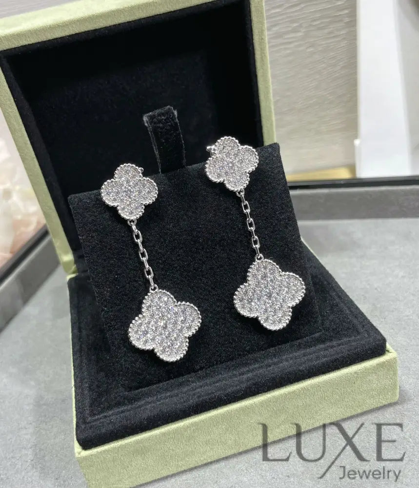[Owatch™]CLOVER 2 MOTIFS DIAMOND PAVED SILVER EARRINGS Earrings