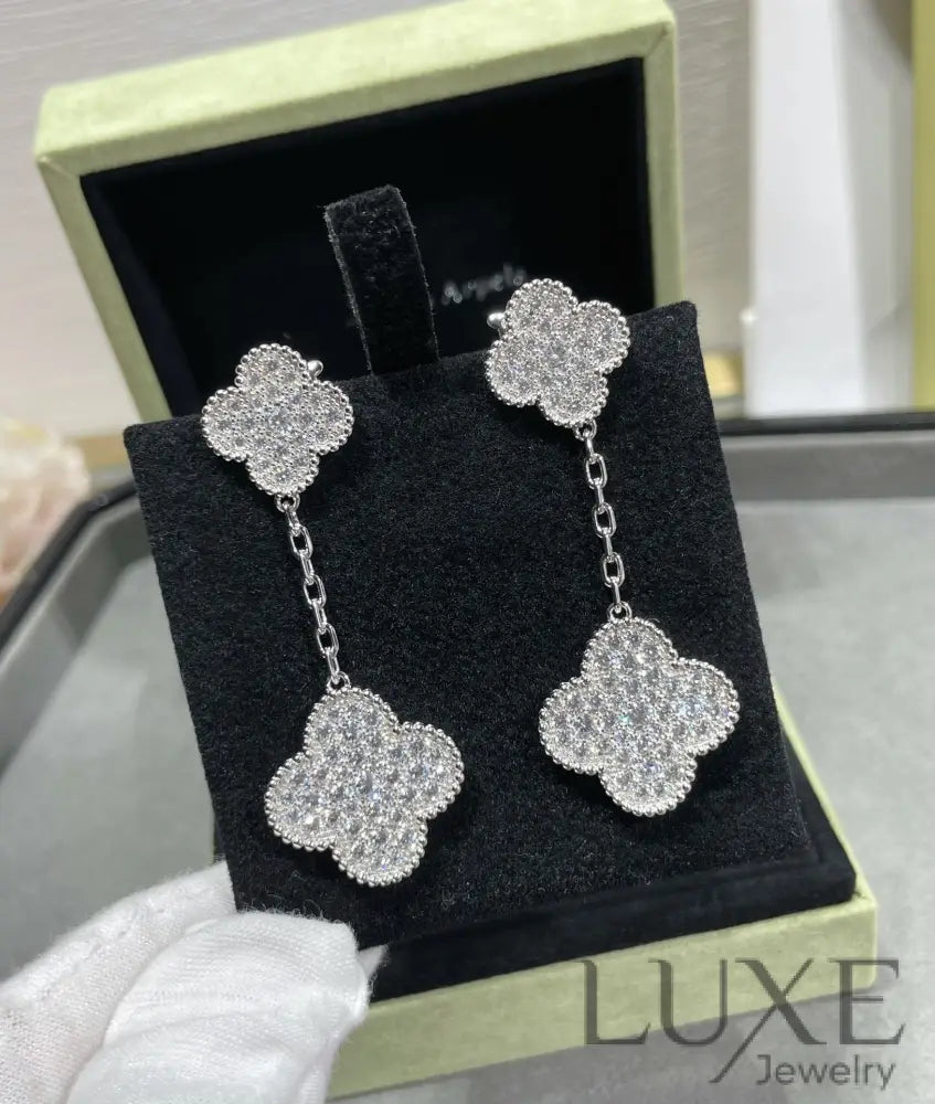 [Owatch™]CLOVER 2 MOTIFS DIAMOND PAVED SILVER EARRINGS Earrings