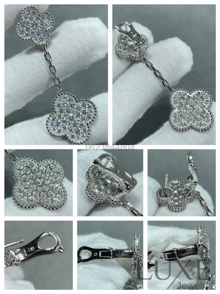 [Owatch™]CLOVER 2 MOTIFS DIAMOND PAVED SILVER EARRINGS Earrings