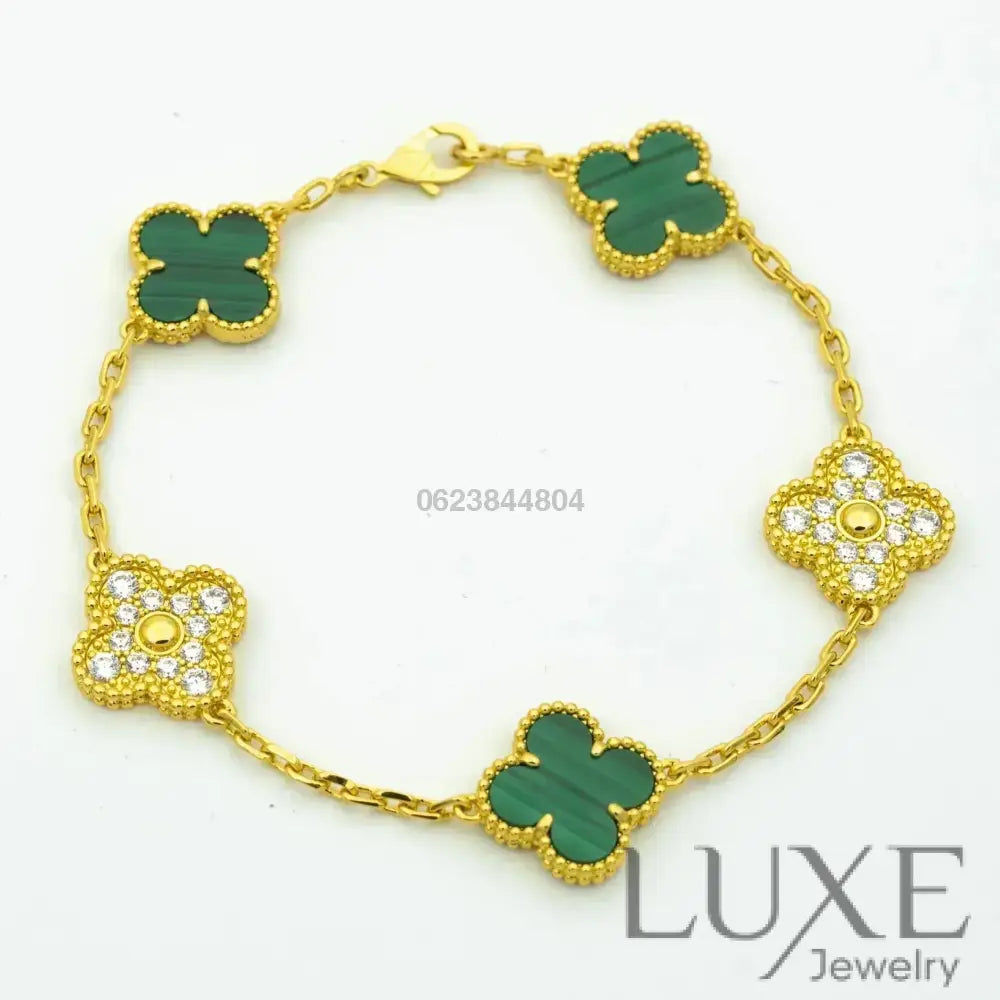 OWATCH™️CLOVER 5 MOTIF MALACHITE DIAMOND BRACELET Gold Bracelets