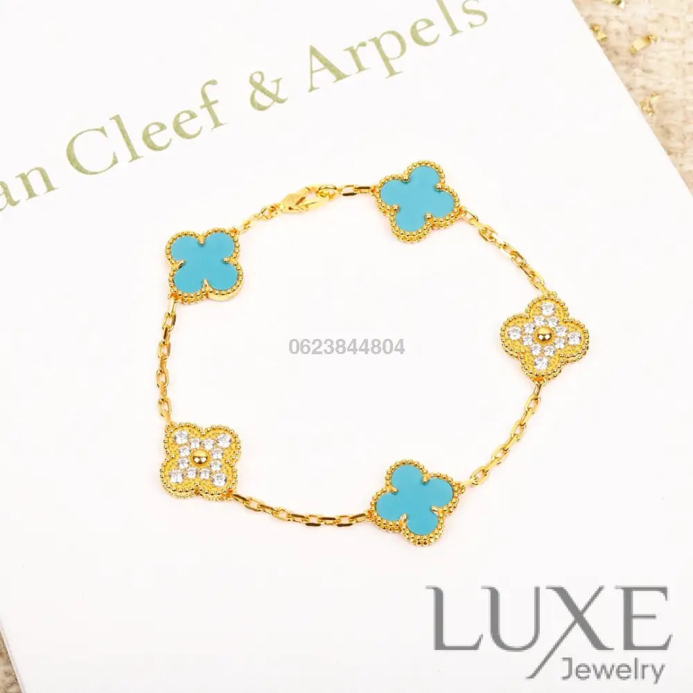 OWATCH™️CLOVER 5 MOTIF TURQUOISE DIAMOND GOLD BRACELET Gold Bracelets