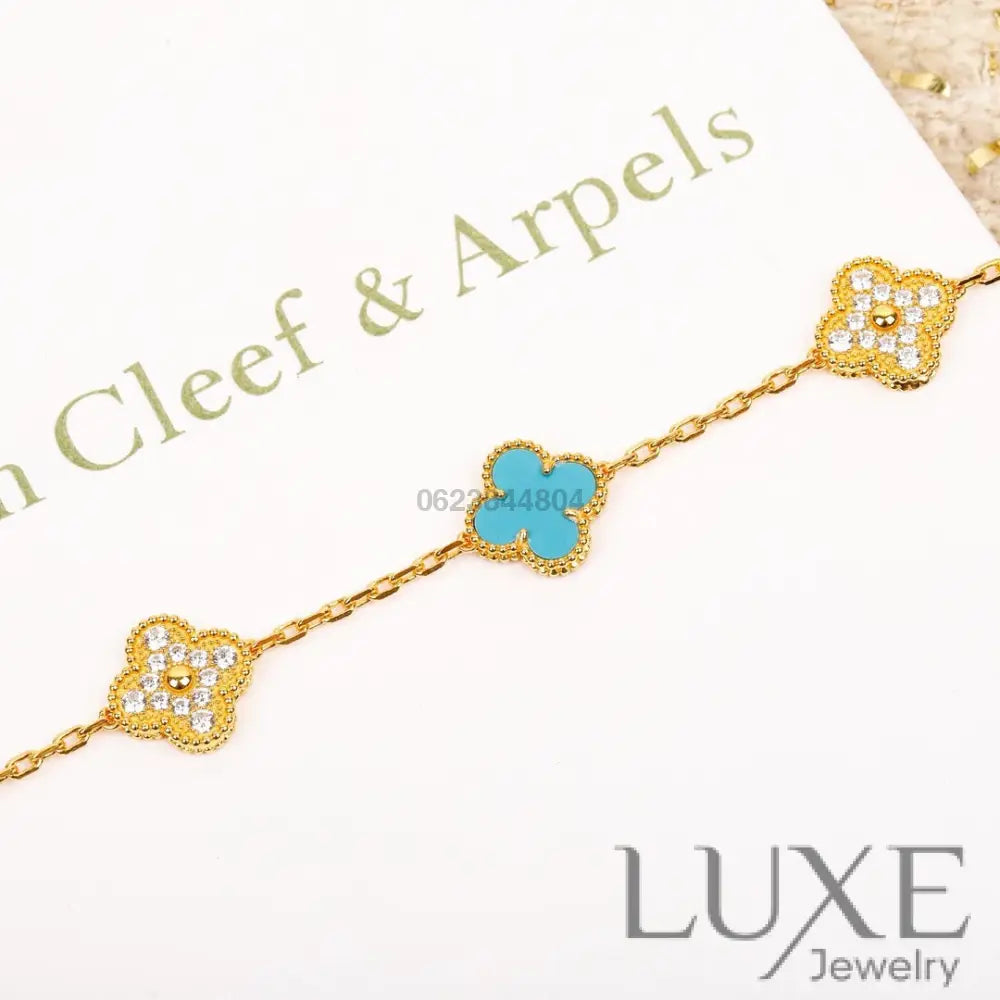 OWATCH™️CLOVER 5 MOTIF TURQUOISE DIAMOND GOLD BRACELET Bracelets