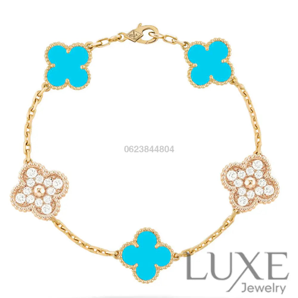 OWATCH™️CLOVER 5 MOTIF TURQUOISE DIAMOND GOLD BRACELET Rose Gold Bracelets