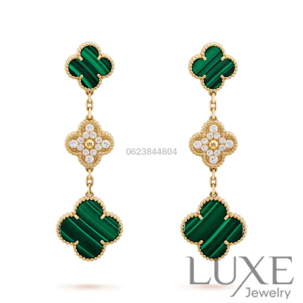 [Owatch™]CLOVER EARRINGS GOLD MALACHITE DIAMOND 3 MOTIF Earrings