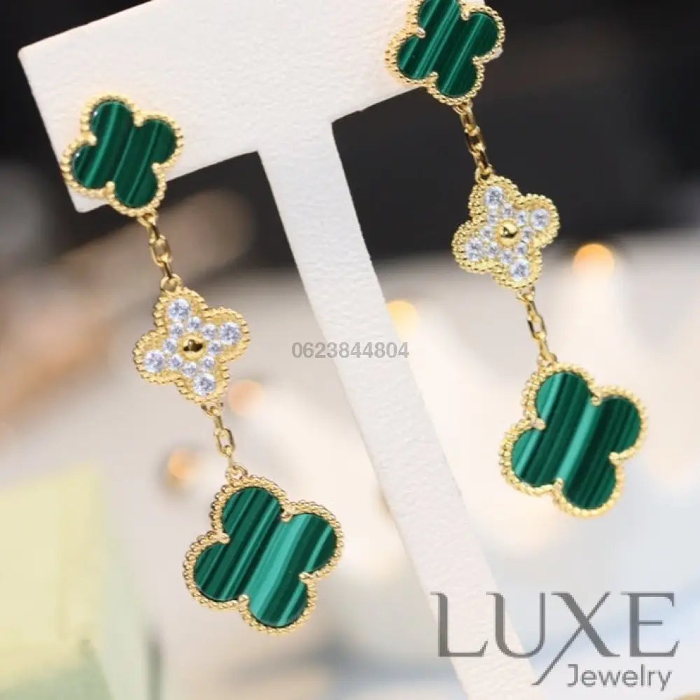 [Owatch™]CLOVER EARRINGS GOLD MALACHITE DIAMOND 3 MOTIF Earrings