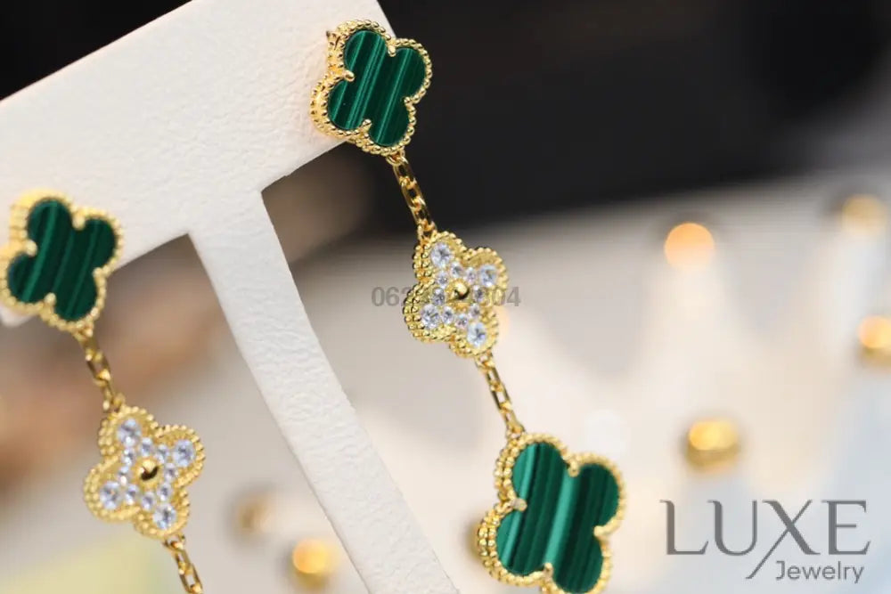 [Owatch™]CLOVER EARRINGS GOLD MALACHITE DIAMOND 3 MOTIF Earrings