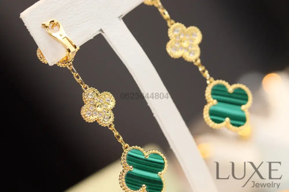 [Owatch™]CLOVER EARRINGS GOLD MALACHITE DIAMOND 3 MOTIF Earrings