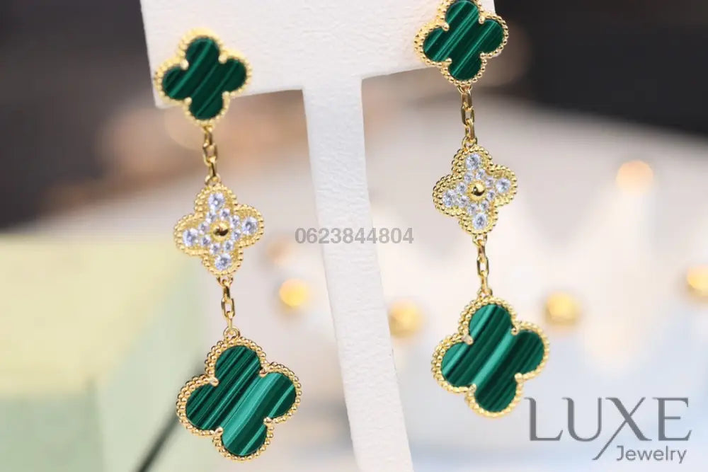 [Owatch™]CLOVER EARRINGS GOLD MALACHITE DIAMOND 3 MOTIF Earrings