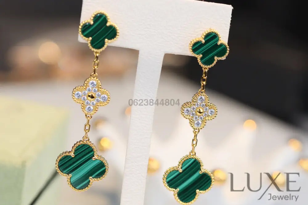 [Owatch™]CLOVER EARRINGS GOLD MALACHITE DIAMOND 3 MOTIF Earrings