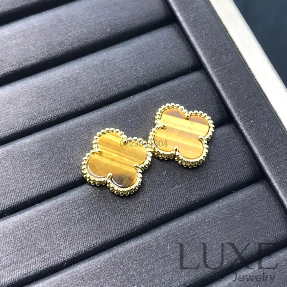 [OWATCH™]CLOVER MEDIUM 1 MOTIFS TIGER EYE EARRINGS Gold Earrings
