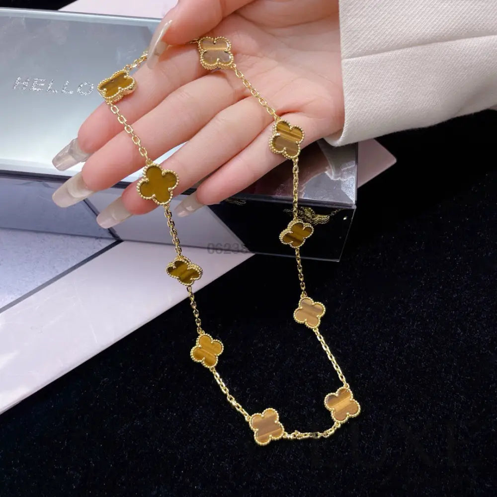 [Owatch™️]CLOVERS THE 10-MOTIFS TIGER EYE NECKLACE Gold Necklaces