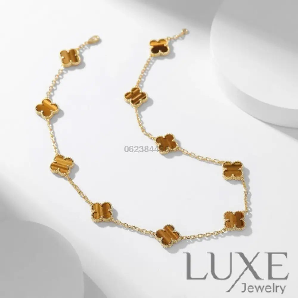 [Owatch™️]CLOVERS THE 10-MOTIFS TIGER EYE NECKLACE Gold Necklaces