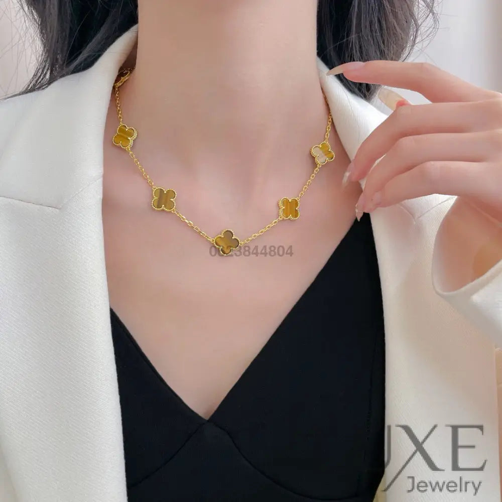 [Owatch™️]CLOVERS THE 10-MOTIFS TIGER EYE NECKLACE Gold Necklaces