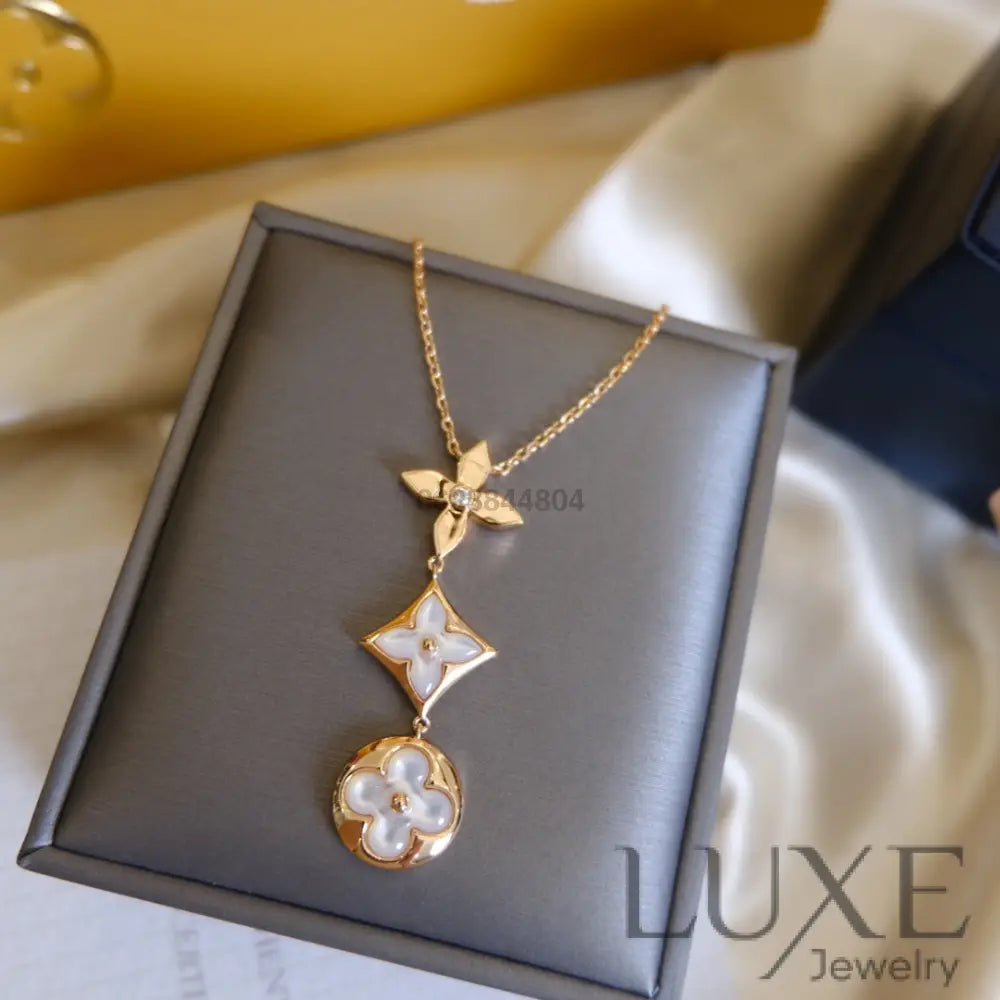 [Owatch™ Collier]COLOR BLOSSOM LARIAT NECKLACE PINK GOLD WHITE MOTHER PEARL AND DIAMOND Pink Gold Necklaces