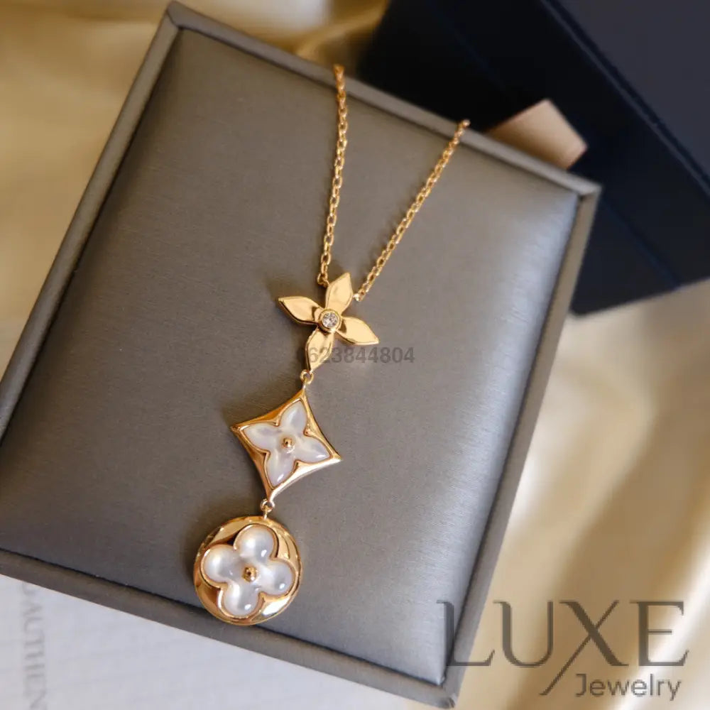 [Owatch™ Collier]COLOR BLOSSOM LARIAT NECKLACE PINK GOLD WHITE MOTHER PEARL AND DIAMOND Pink Gold Necklaces