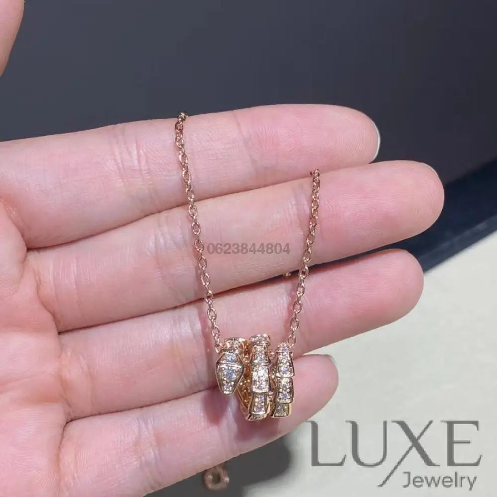 [Owatch ™️SERPENTI PINK GOLD NECKLACE DOUBLE RING DIAMOND Pink Gold Necklaces